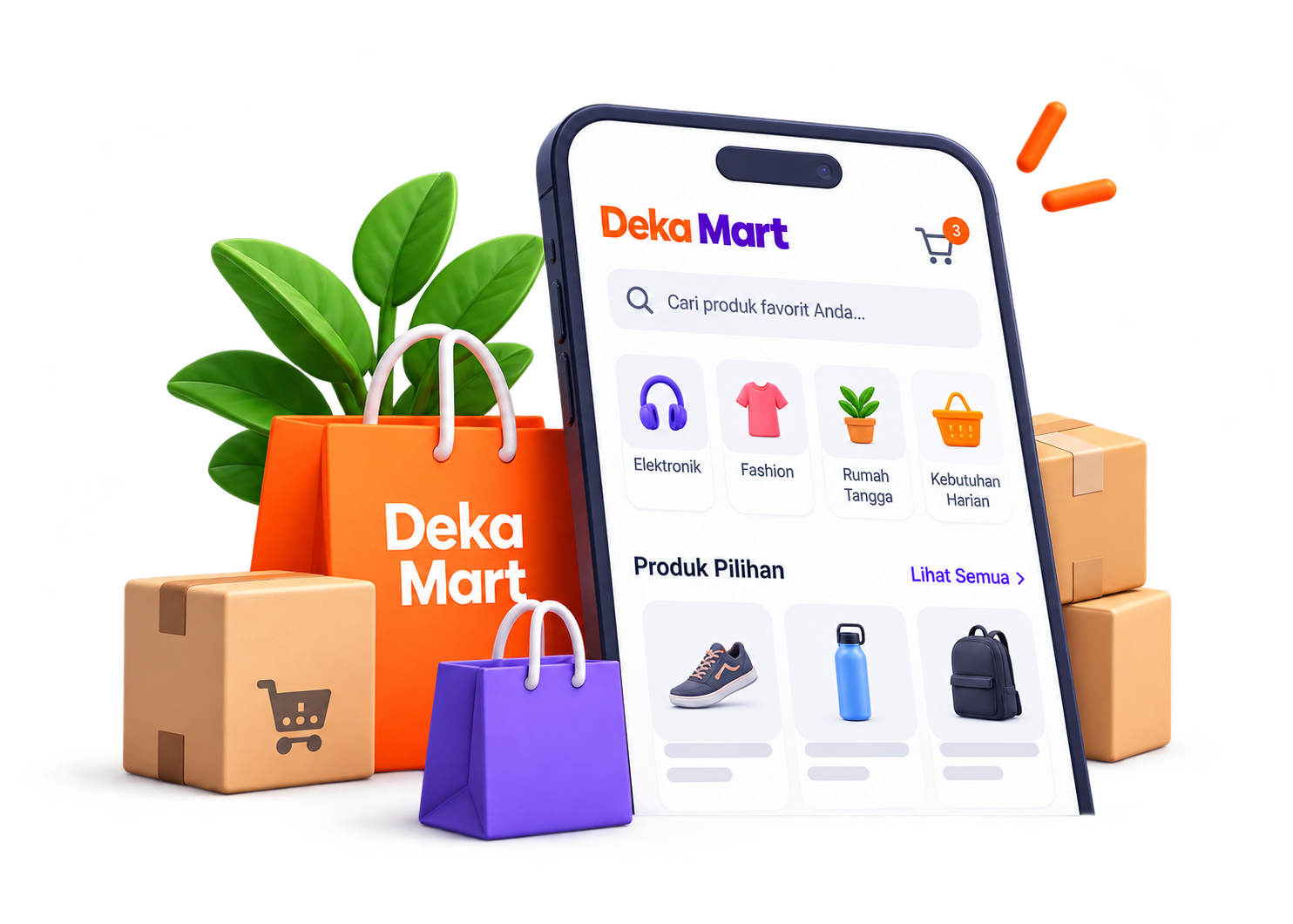 Ilustrasi aplikasi Deka Mart, tas belanja dan paket